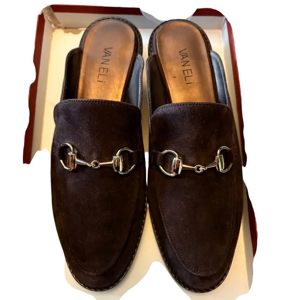 Vaneli Akela Chocolate Brown Suede Horsebit Mules 8M New in Box